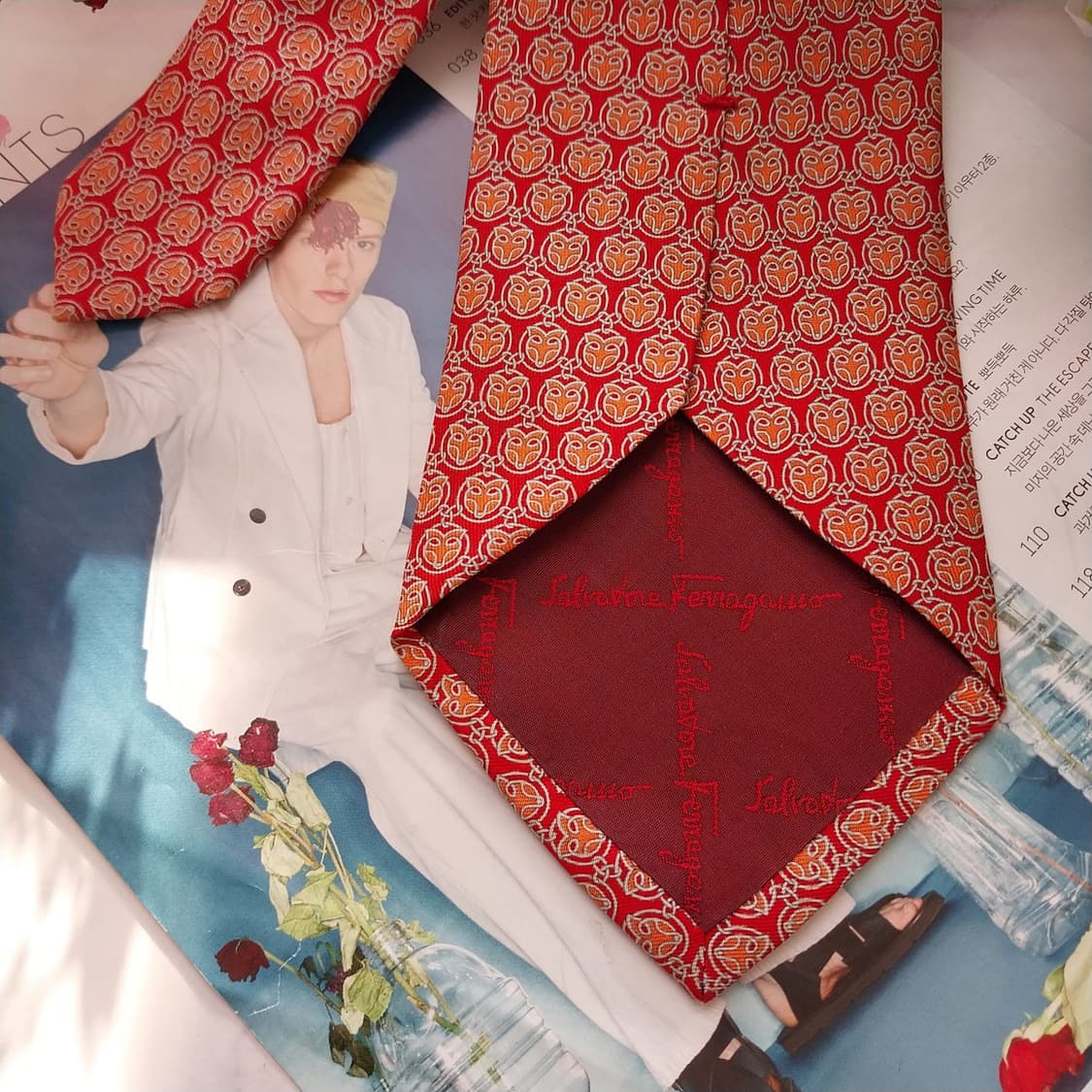 페라가모 실크 레드&오렌지 모티프 넥타이 9.9cm A+등급 K1570 상품이미지7