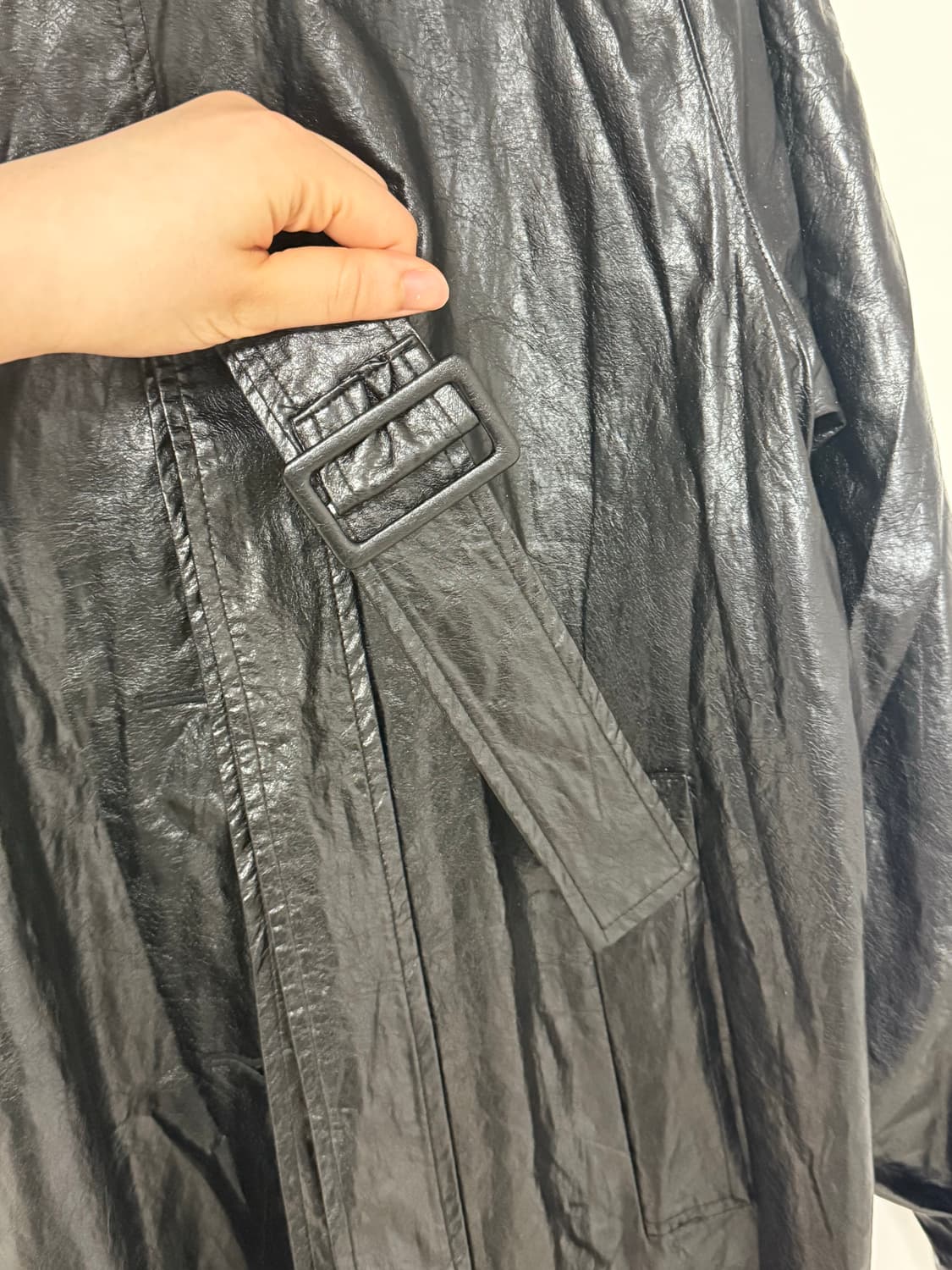 트리밍버드 롱 레더 트렌치 블랙 상품이미지7