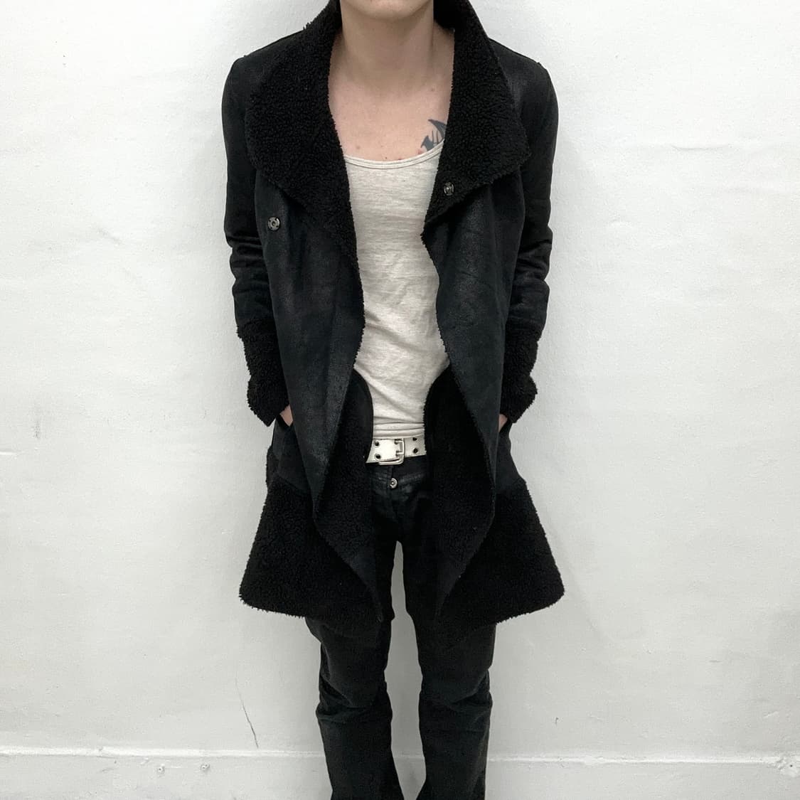 waxed drape long mouton jacket 상품이미지2