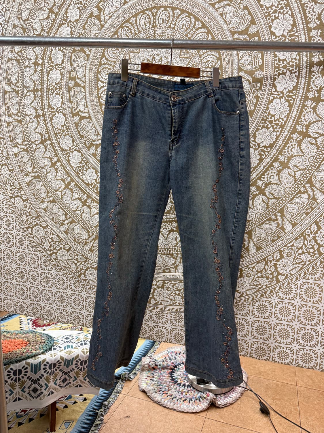 제페니즈 빈티지 여성 플라워자수 데님팬츠 상품이미지3