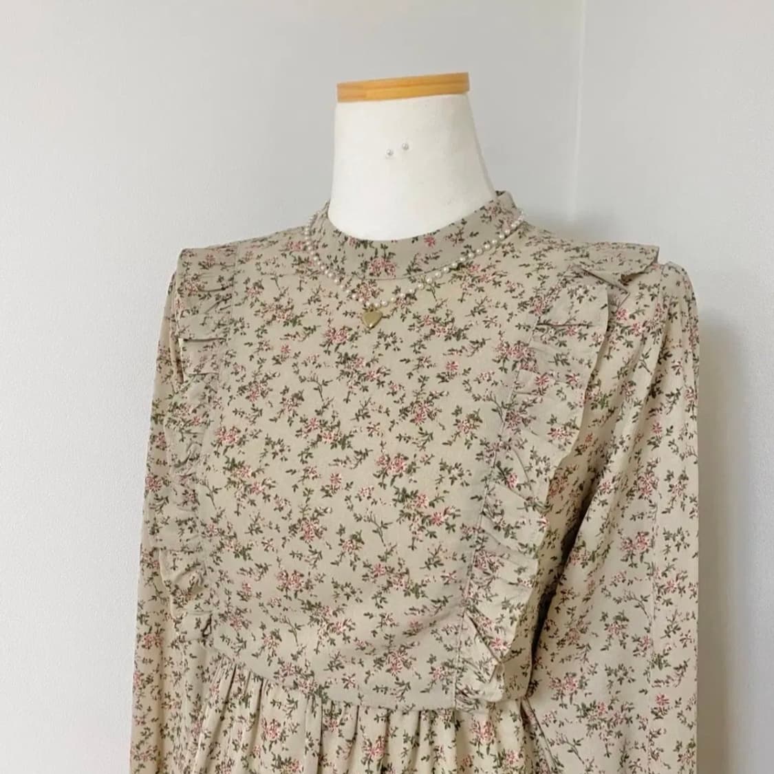 일본 빈티지 잔꽃 꽃무늬 플라워 패턴 프릴 미디 롱 긴팔 쉬폰 원피스 상품이미지3