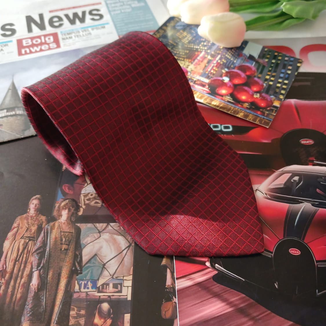 세루티 1881 실크 버건디 체크 넥타이 10.1cm A등급 A18825 상품이미지2