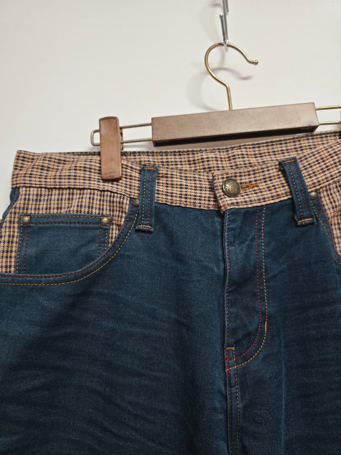 에비수 체크 배색 데님 반바지 상품이미지2