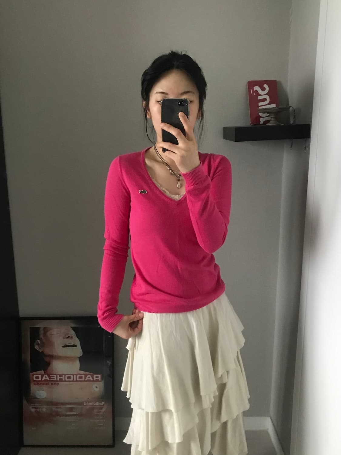 라코스테 로고 핑크 브이넥 니트 상품이미지4