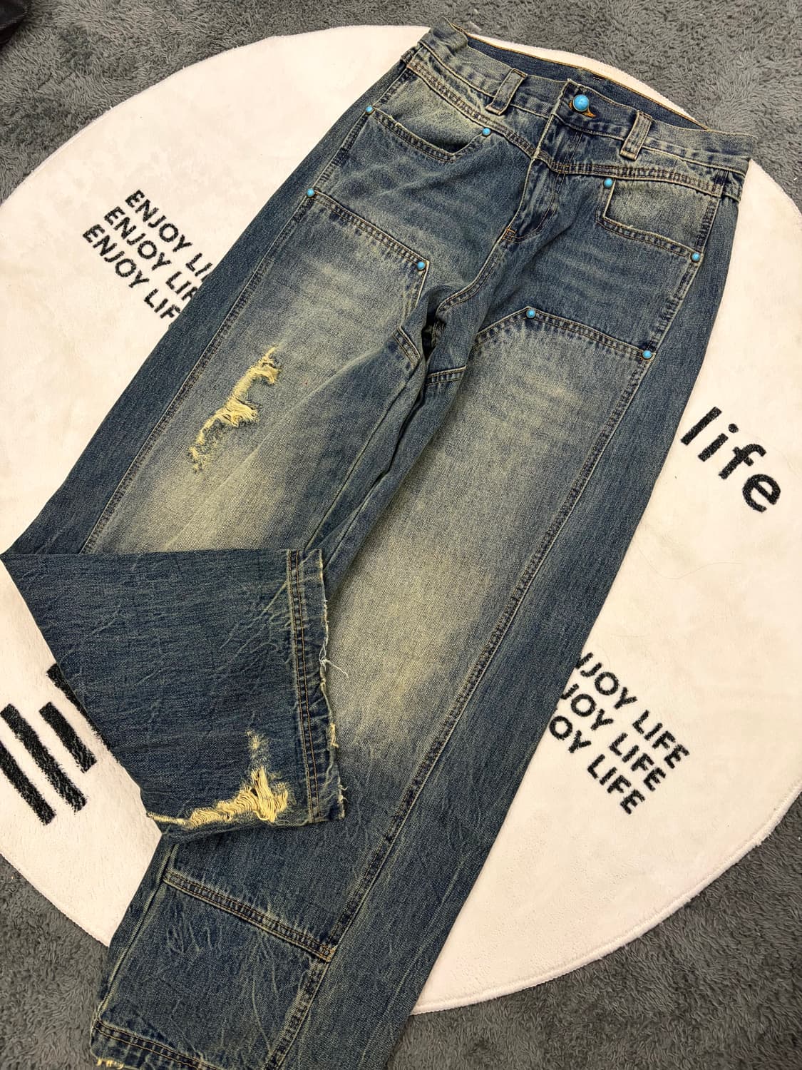 [unisex] 더스티 워싱 데미지 더블니 와이드 데님 pts 상품이미지9