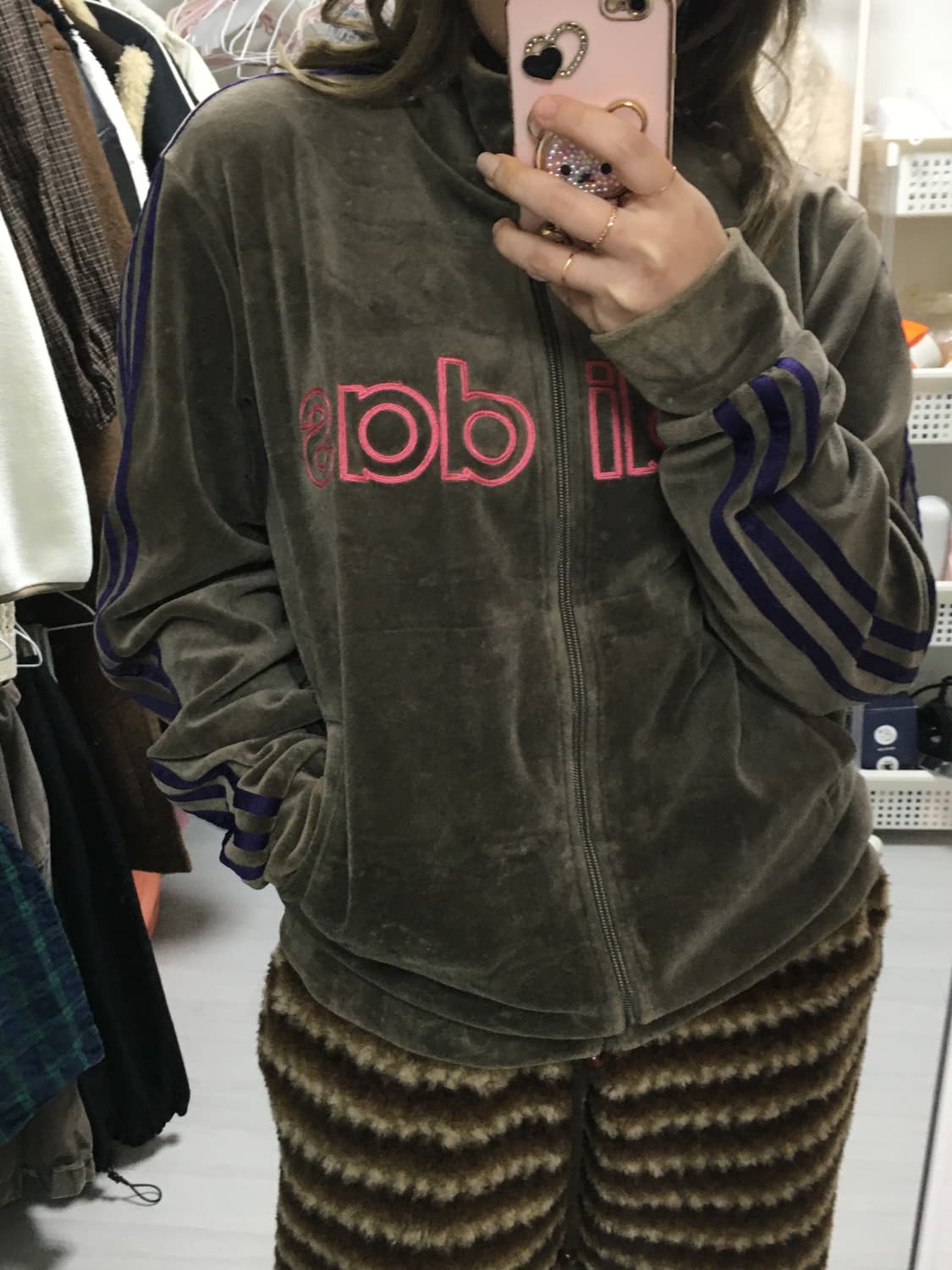 카키브라운벨벳 집업 아디다스 상품이미지1