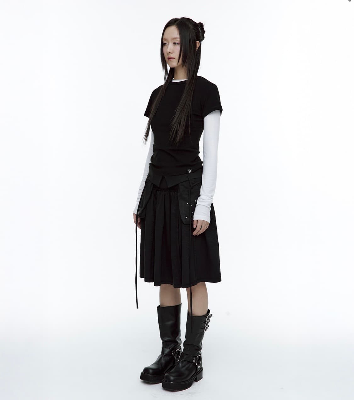 러프넥 아웃포켓플리츠 스커트 블랙 M 상품이미지3