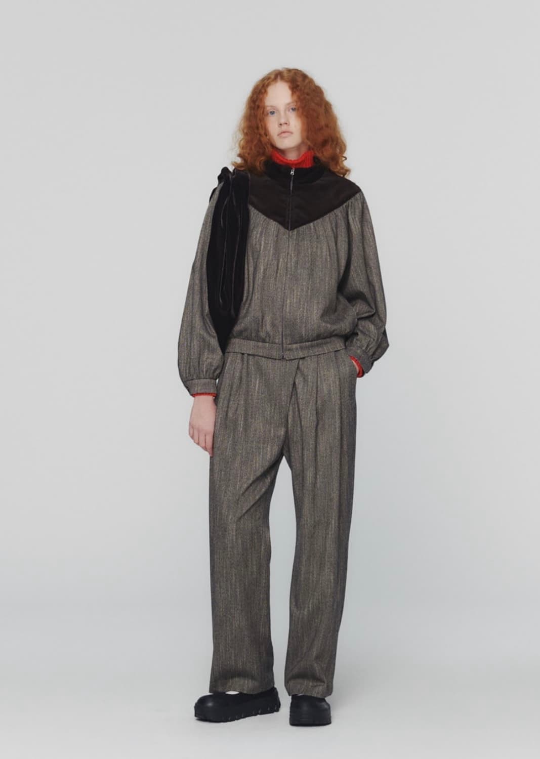 새제품.0) 아모멘토 울 트위드 요크 점퍼 벨벳울 블루종 자켓 브라운/차 상품이미지4