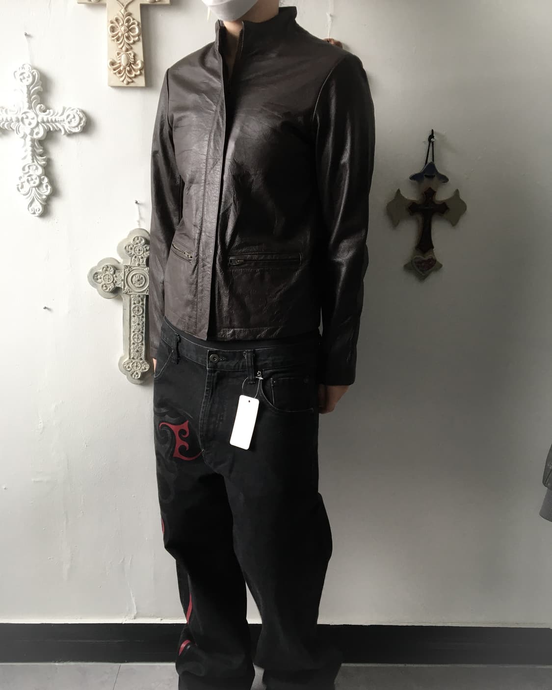 Brown high neck cow leather jacket 상품이미지1