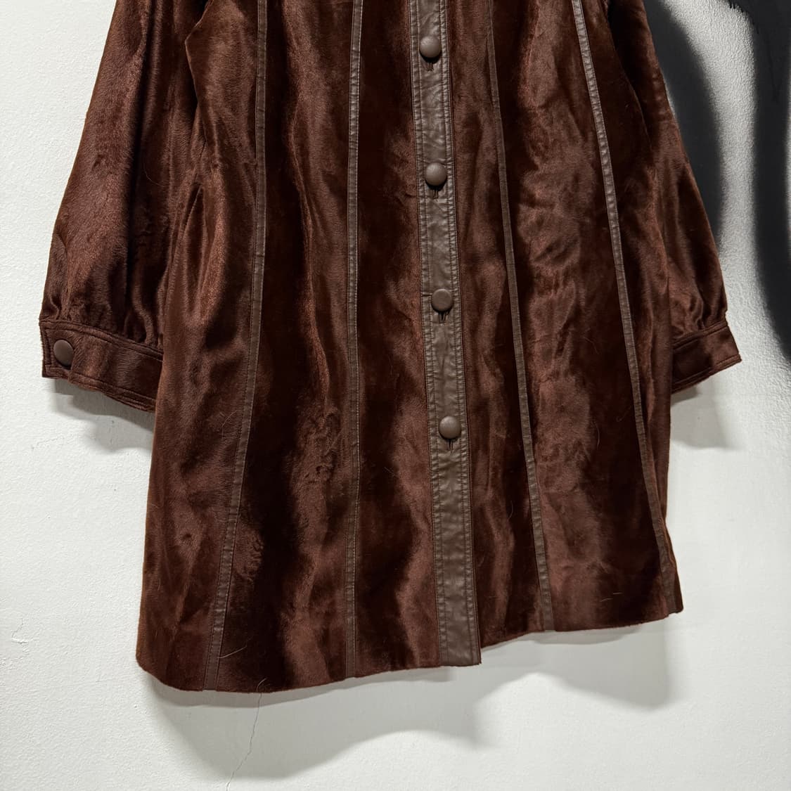 VTG 빈티지 가죽 배색 다크 브라운 벨벳 롱 코트 상품이미지4