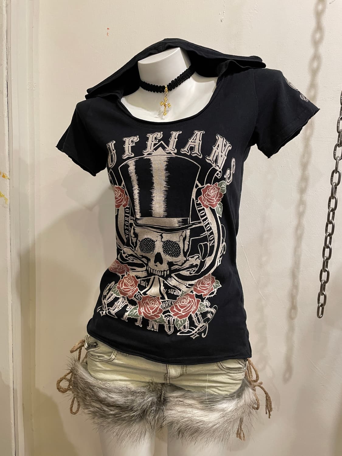 cornflake 스컬 프린트 블랙 후드 반팔 티셔츠 펑크 상품이미지1