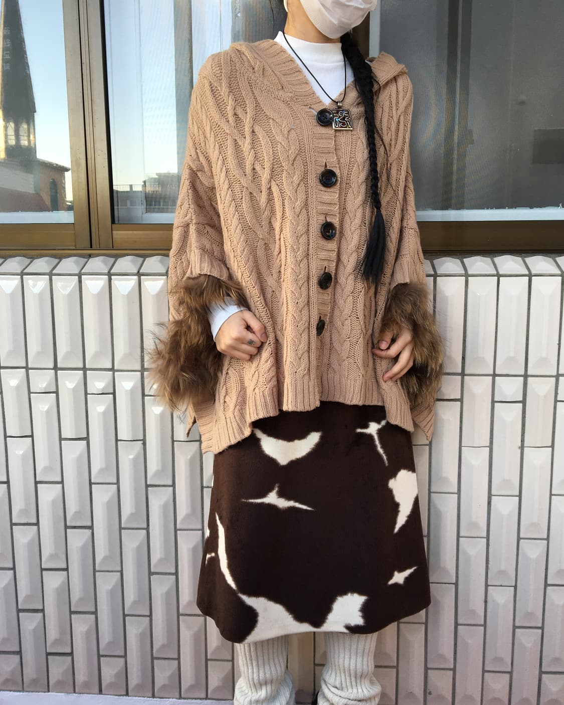 Fur trimming cable pattern hood knit cap 상품이미지5