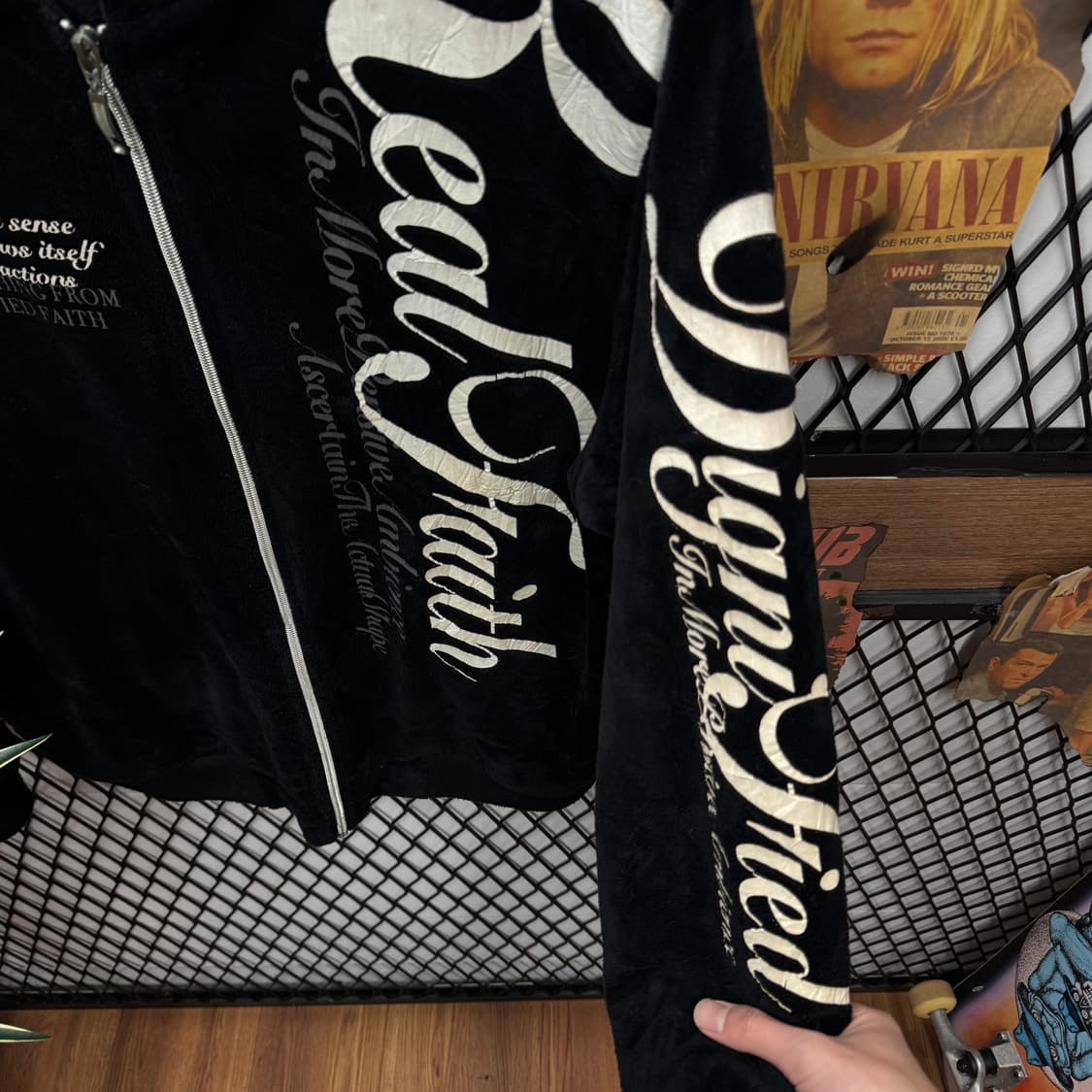 00s 보미에르 벨로아 레터링 Y2K 후드 집업 블랙 화이트 상품이미지5