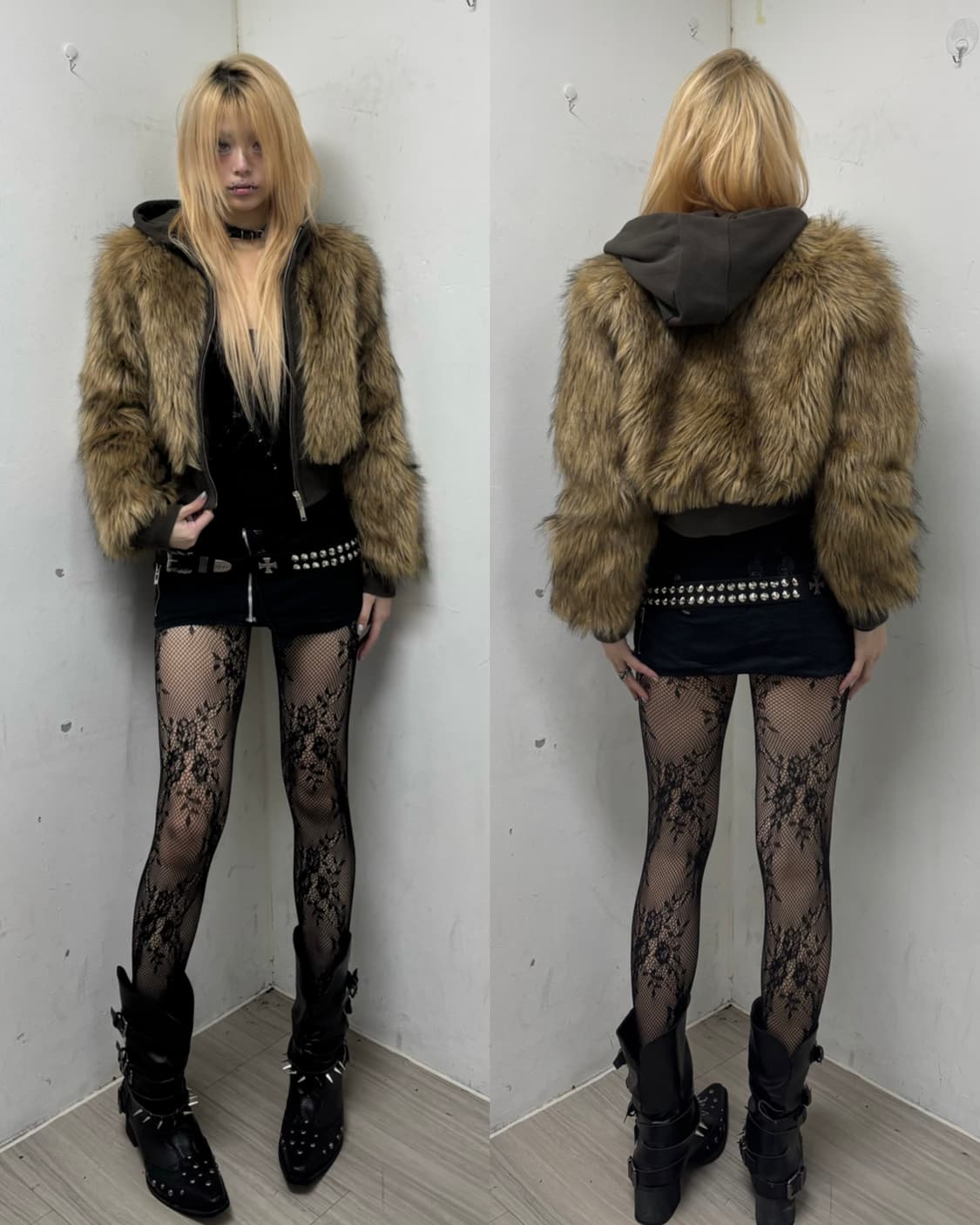 [NACHE]24FW Hoodie Crop Fur Jacket Khaki 상품이미지1