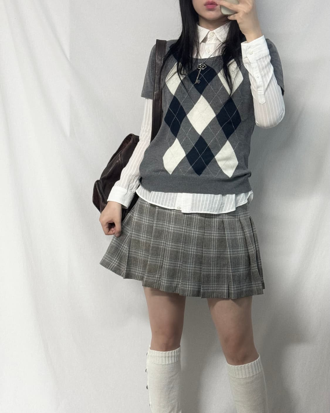 아가일 하프 슬리브 니트 셔츠 탑 2pcs SET 상품이미지2