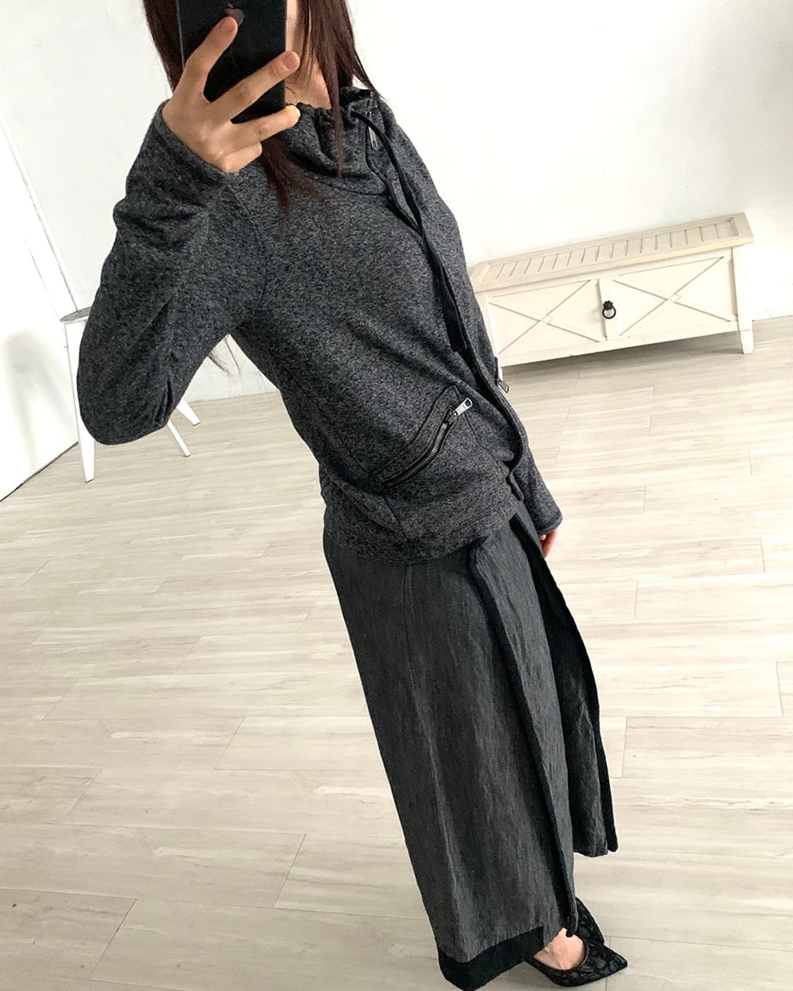 Black Contrast Grey Raw Denim Long Skirt 상품이미지5