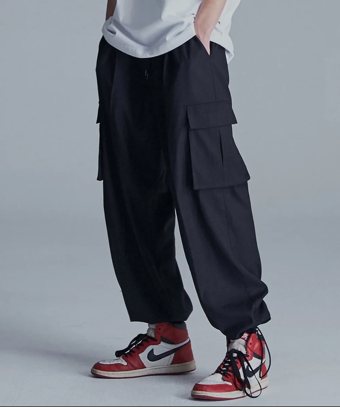 [M] 낫포너드 와이드 스트링 카고 슬랙 팬츠 블랙 상품이미지1