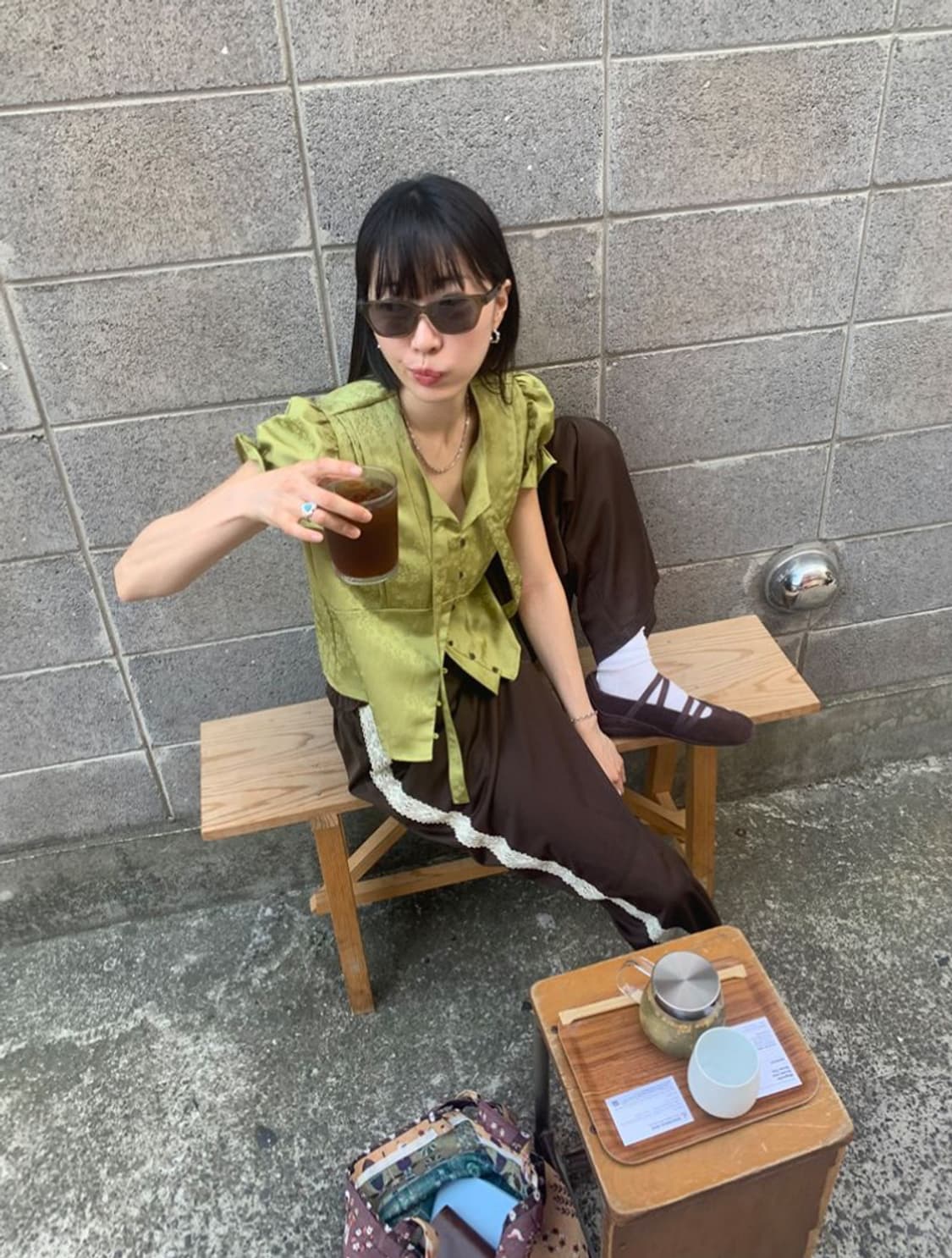 호쿠스포쿠스 Tie blouse (olive green) 상품이미지1