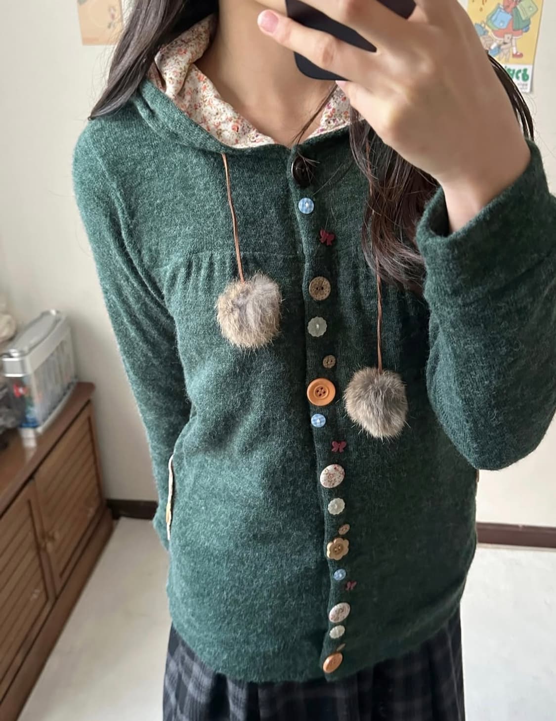 일본 빈티지 모리걸 단추 초록모리 셔링 후드 가디건 동물의 숲 상품이미지4