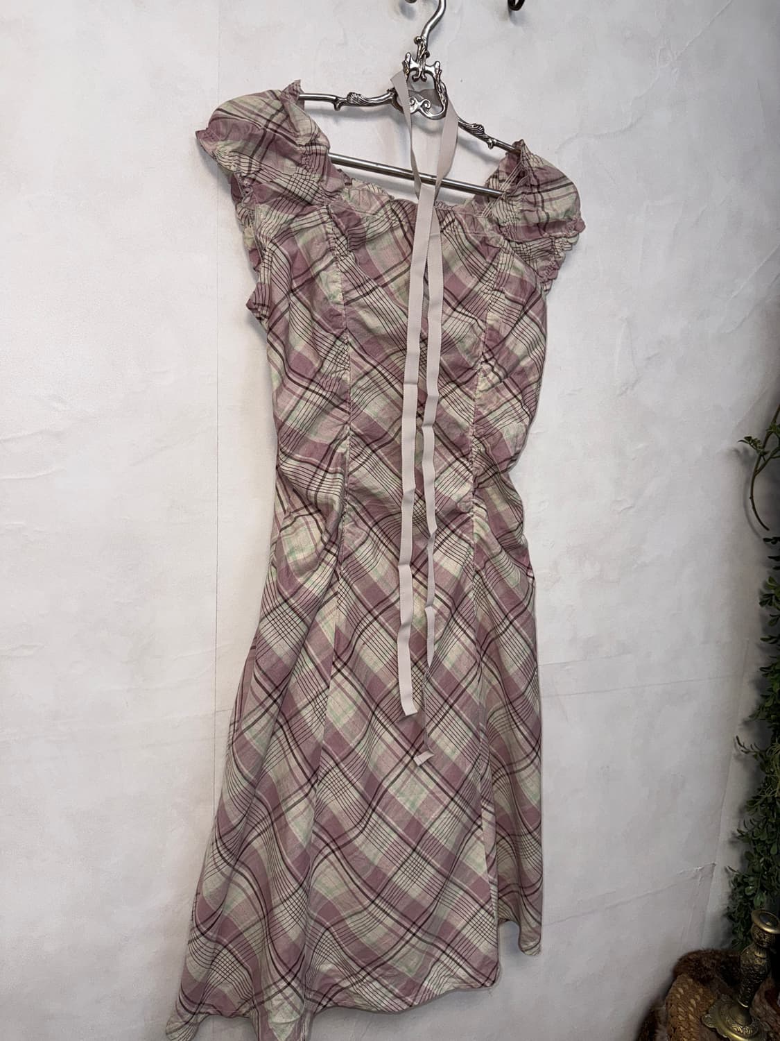 Mute pink check offshoulder shirring ops 상품이미지5