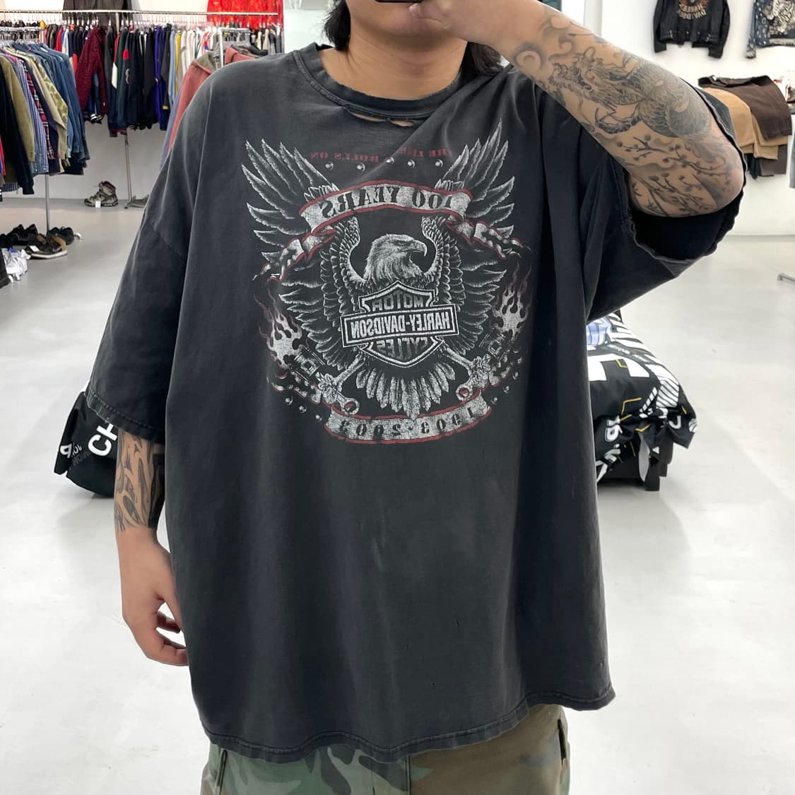 할리데이비슨 100주년 00s 하드페이딩 플레임 이글 빈티지 반팔티셔츠 상품이미지2