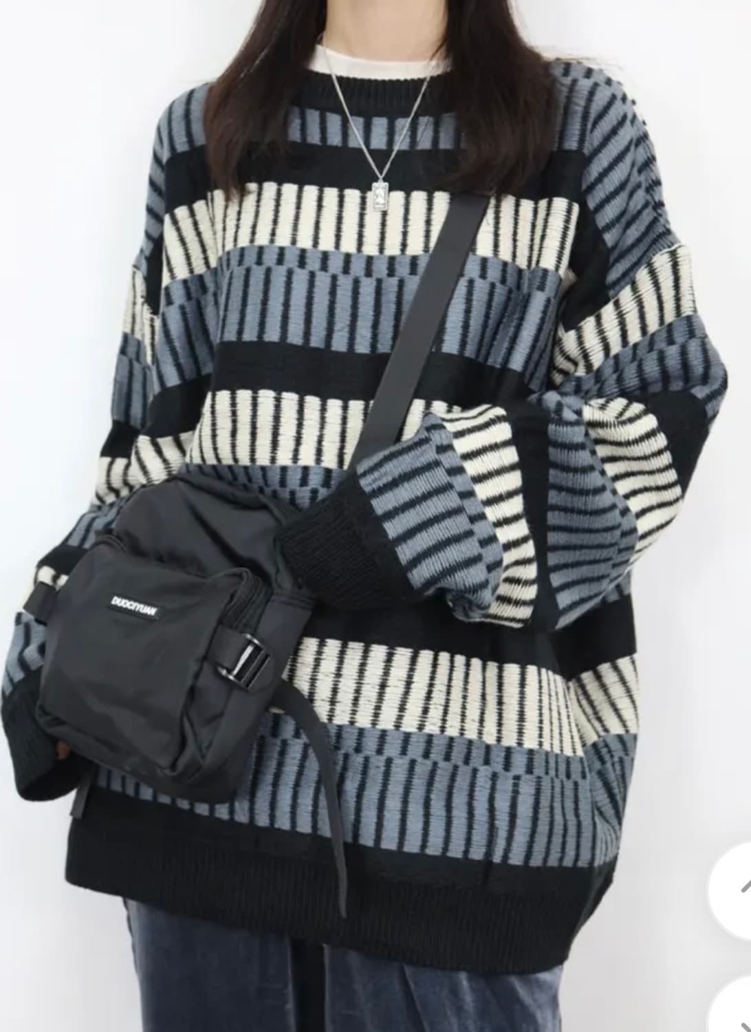 블루 지브라 스트라이프 빈티지 오버핏 패턴니 트스웨터 하찌 남녀공용니트 상품이미지2
