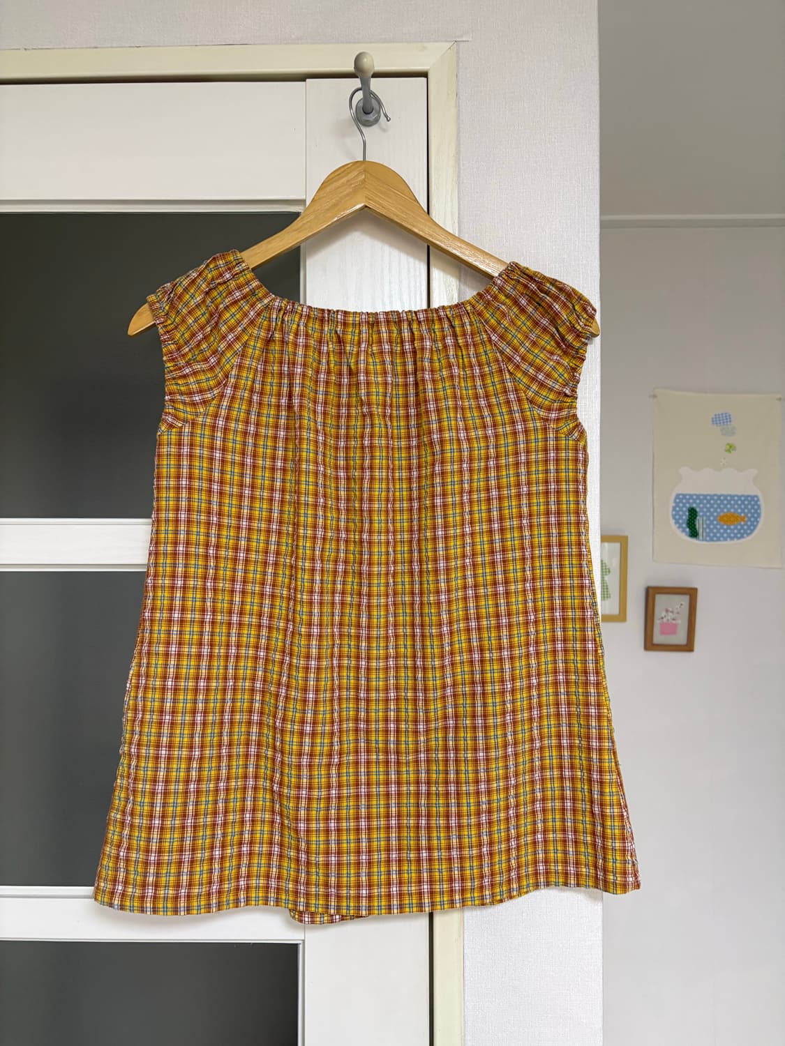 오렌지 체크 퍼프 소매 블라우스 상품이미지9