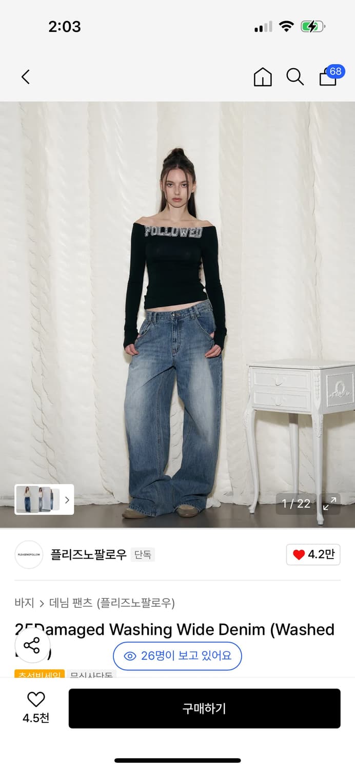 플리즈노팔로우 25Damaged Washing Wide Denim 청바지 상품이미지1