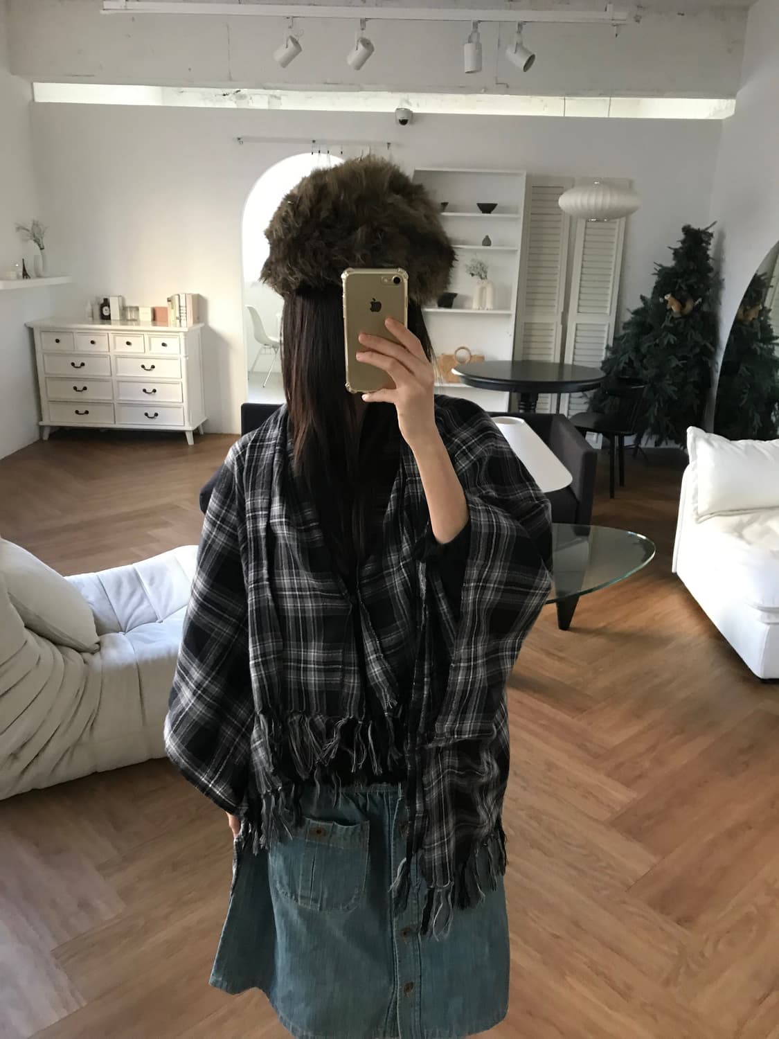 vintage check pattern cape 상품이미지1