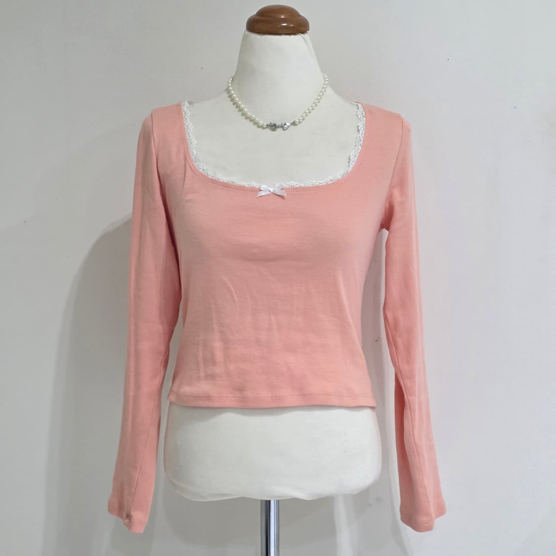 빈티지)핑크 발레코어 히메갸루 레이스리본크롭스퀘어넥 롱슬리브긴팔티셔츠 상품이미지1
