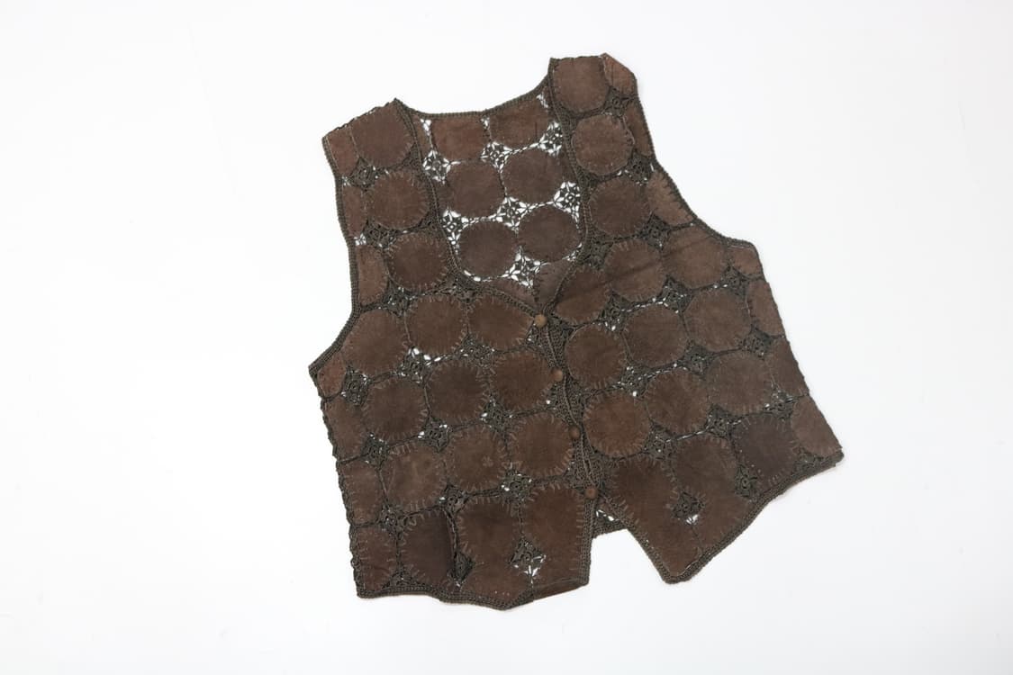 Caldcattle 빈티지 브라운 패치워크 리얼 레더 크로쉐 베스트 상품이미지4