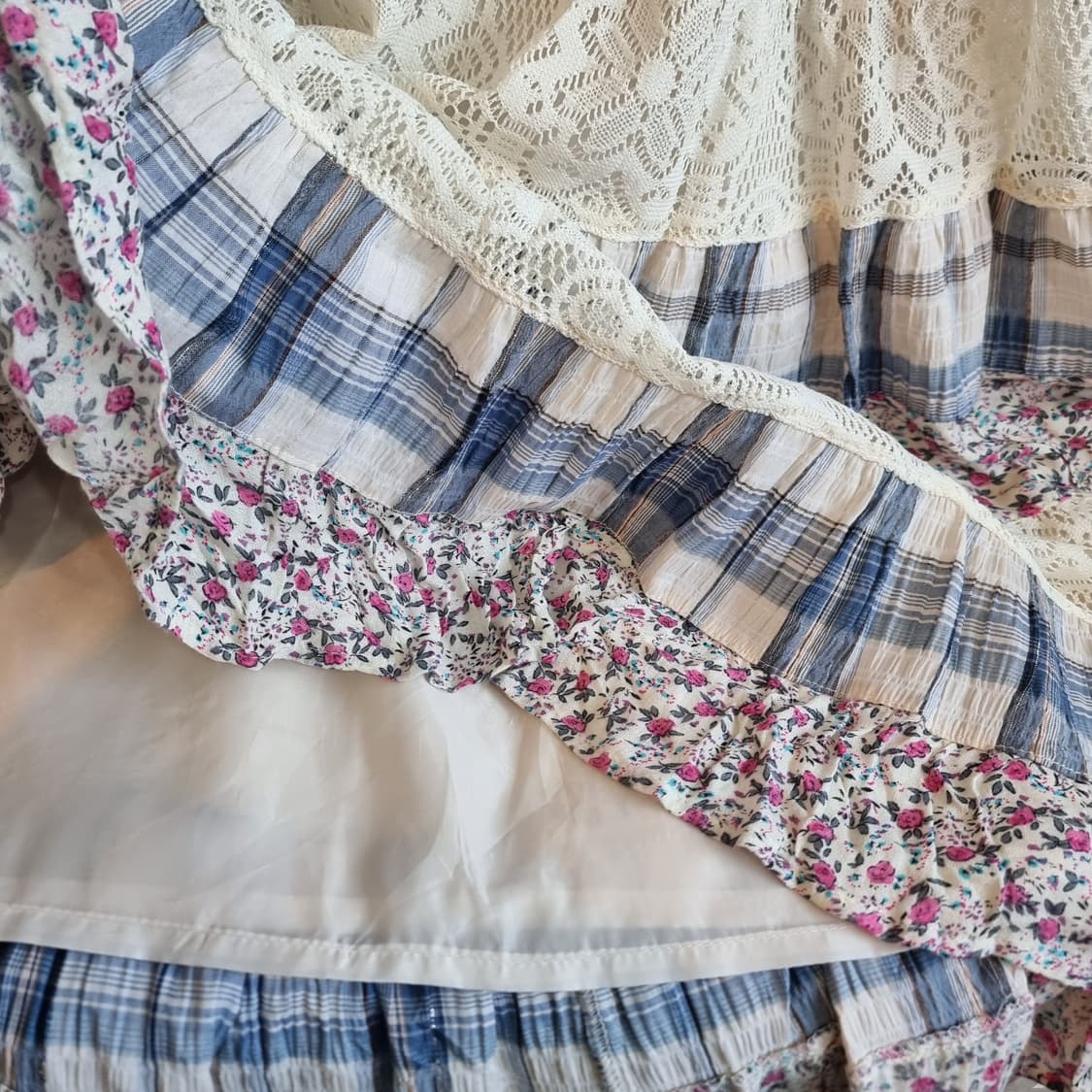 체크&플라워 레이어드 레이스 끈 원피스 상품이미지6