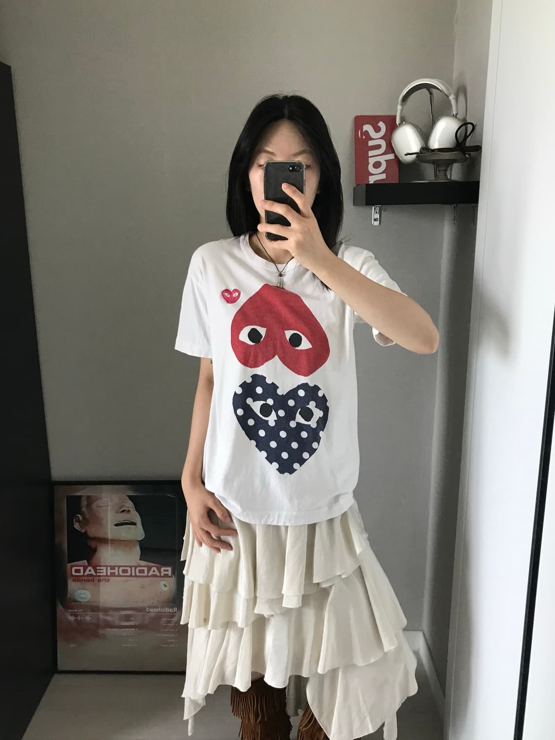 (W) 플레이 꼼데가르송 폴카 닷 업사이드 다운하트 반팔티 아이보리 상품이미지1