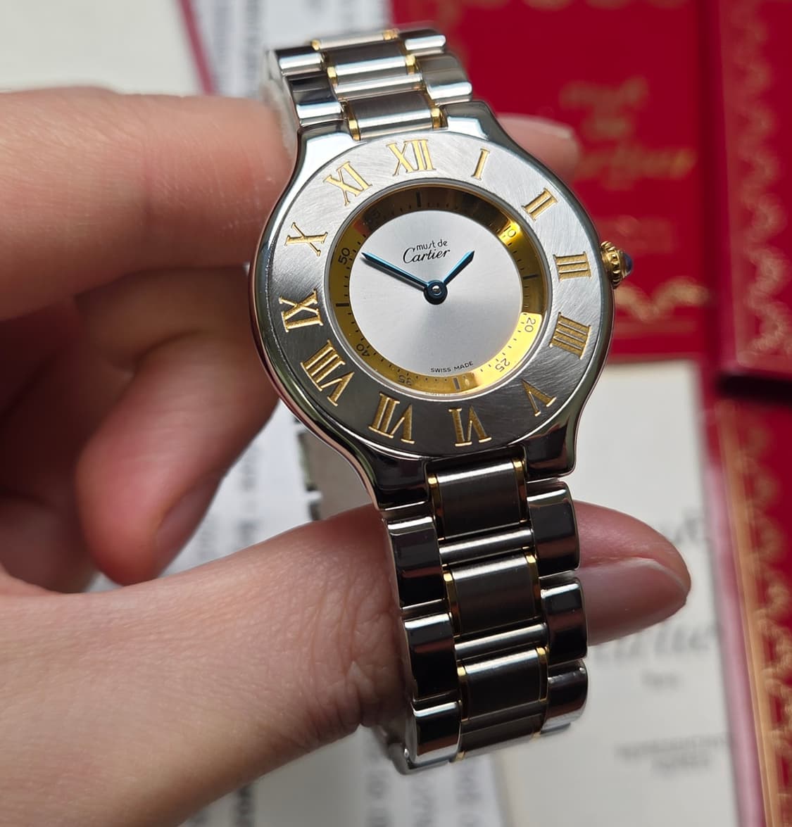 레어] 빈티지 까르띠에 머스트드 21C 콤비 남녀공용 31mm 블루핸즈  상품이미지4