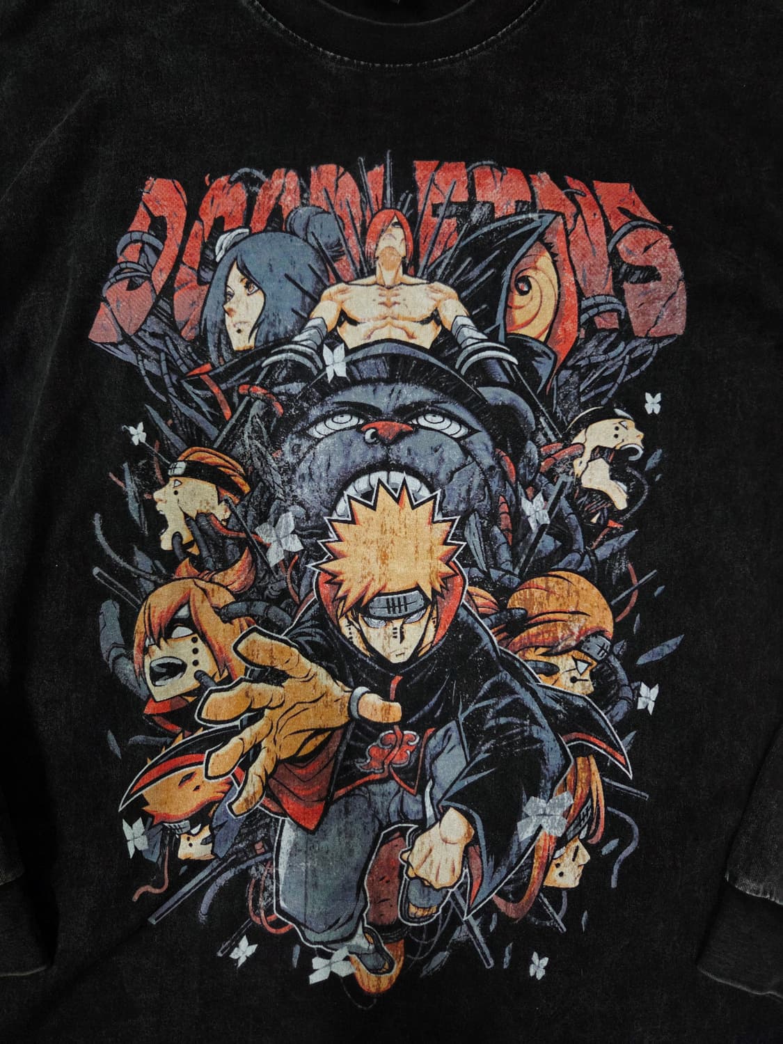 LIANGXILIN 블랙 원워싱 프린트 롱 슬리브 티셔츠 상품이미지3