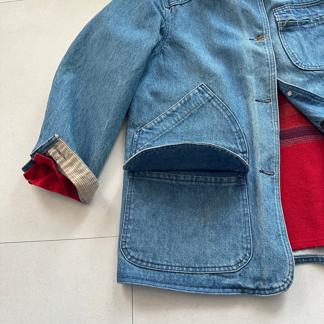 80s 엘엘빈 데님 커버올 카라 울 블랭킷 라이닝 초어 자켓  상품이미지5