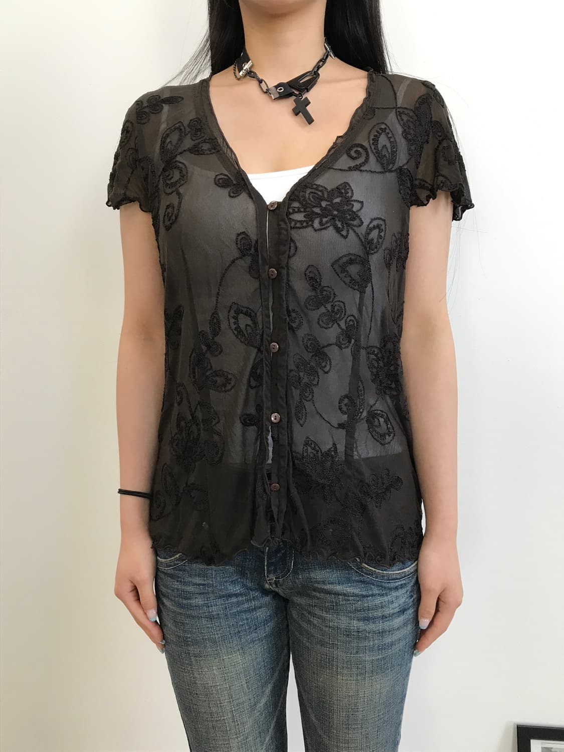 Jpn Brown Sheer Lace Floral Cardigan Top 상품이미지1