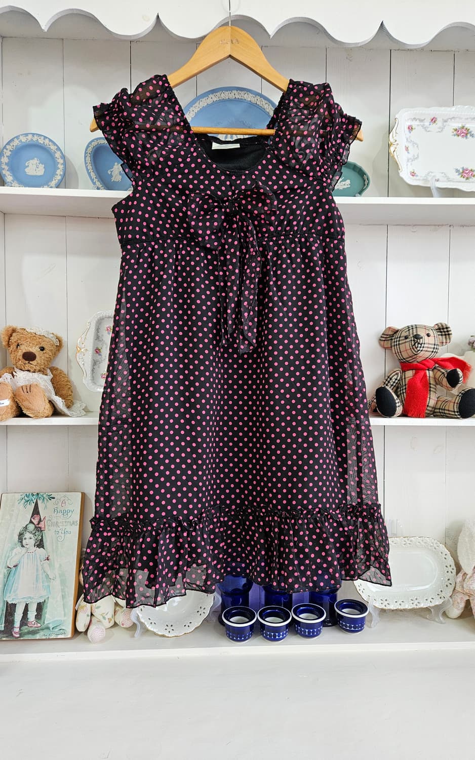 블랙 핑크 도트 쉬폰 원피스 상품이미지1