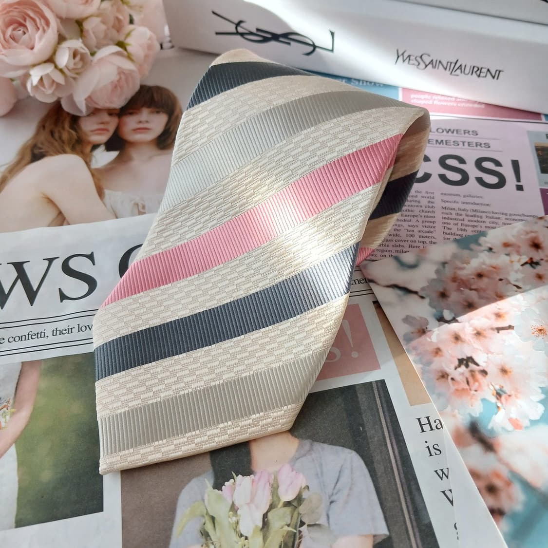 입생로랑 실크 베이지 스트라이프 넥타이 9.6cm A+등급 A19232
 상품이미지3