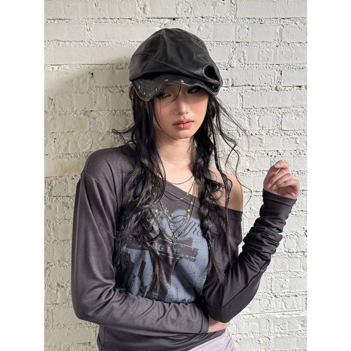 빈티지 무드 레더 스터드 캡 상품이미지2