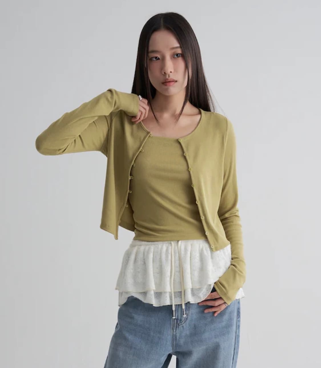 에잇세컨즈 8seconds 슬림핏 골지 나시가디건 세트 올리브 L 상품이미지2