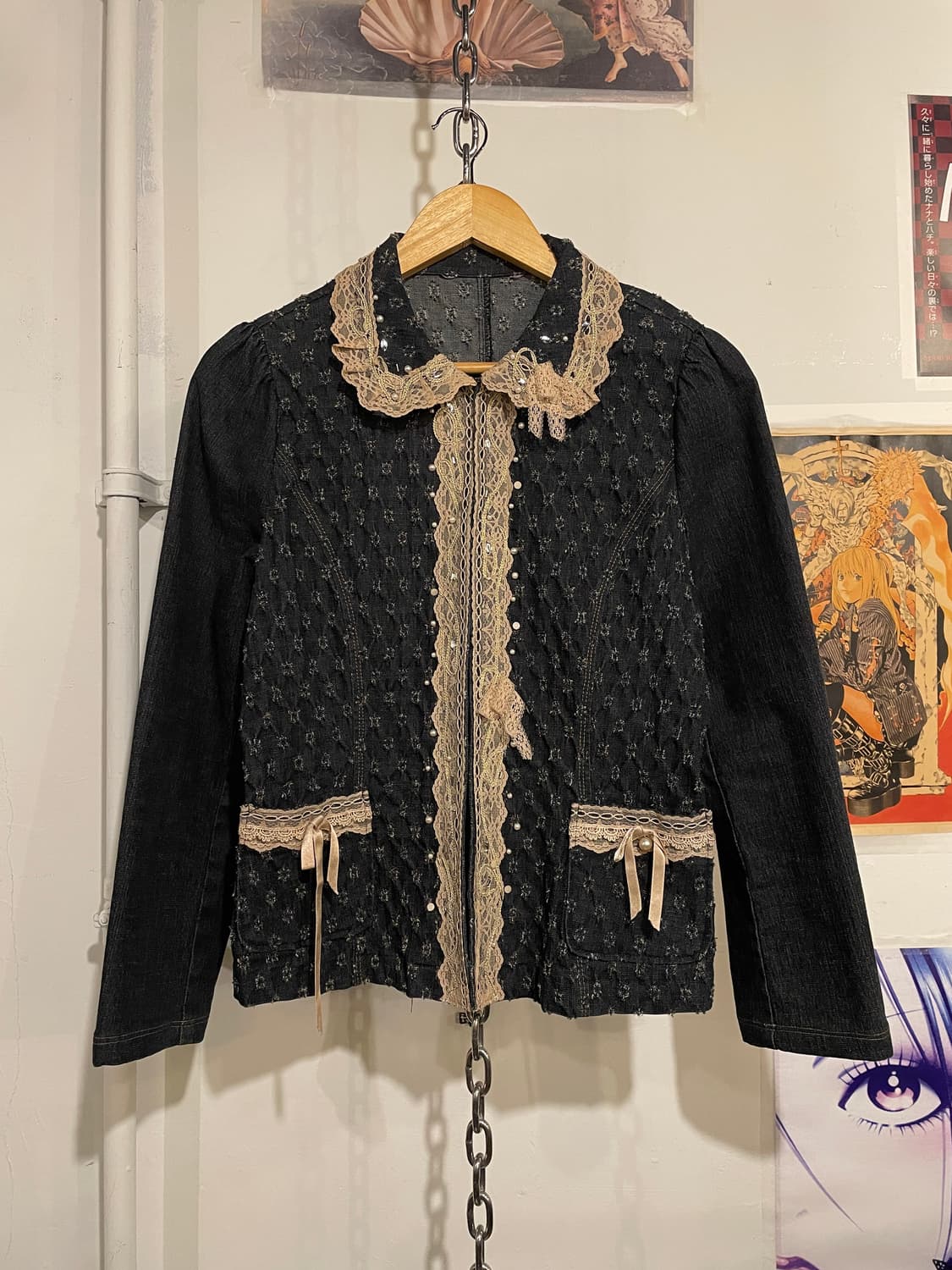 플라워 데미지 패턴 레이스 펄 데님 자켓 모리 러블리 오리엔탈 상품이미지1