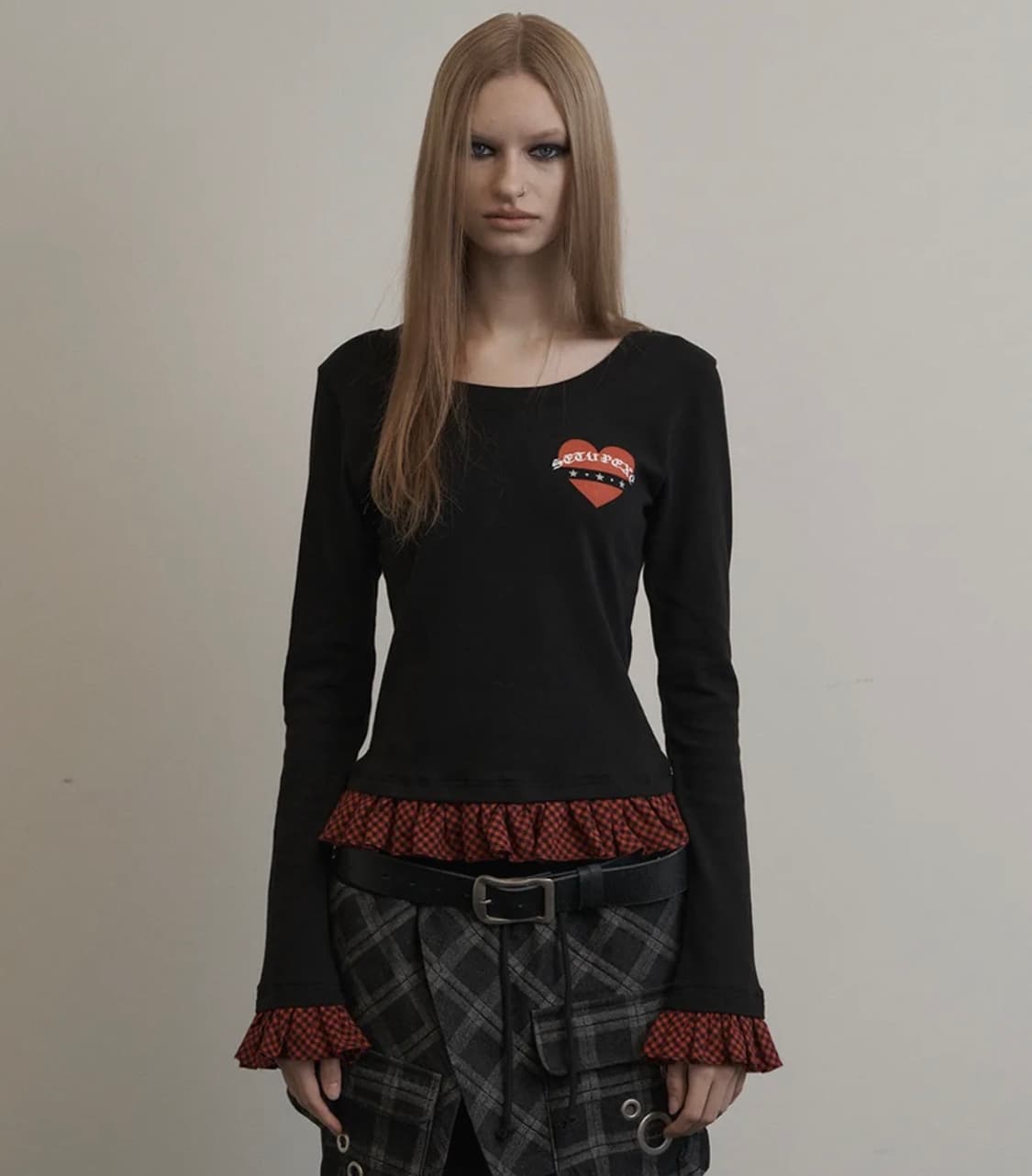 셋업이엑스이 체크 프릴 탑 상품이미지1