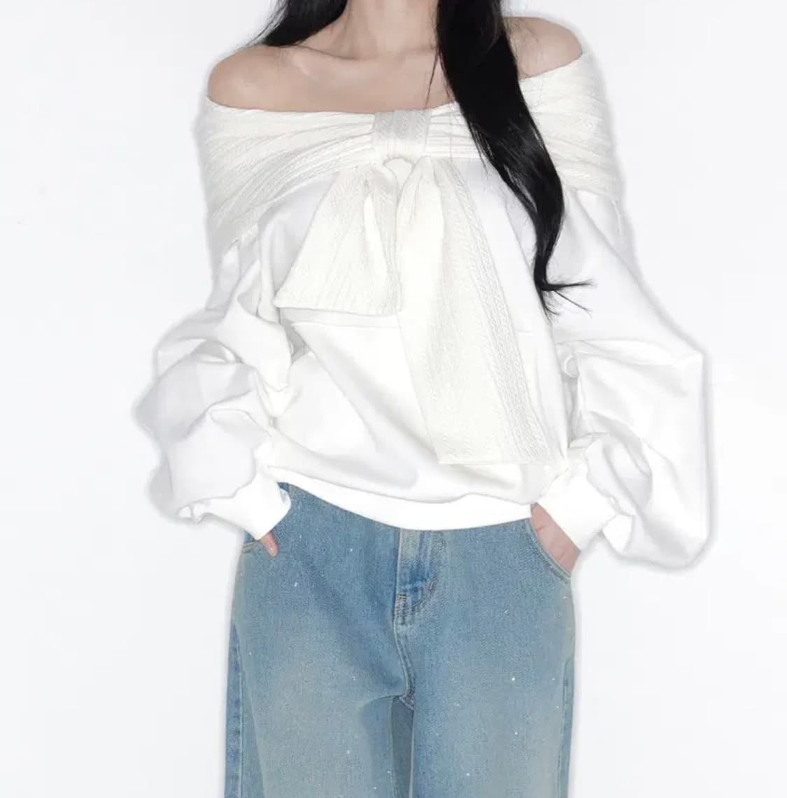 더티스 투웨이 오프숄더 리본 후드티 후디 아이보리 봄버전 클리시어 상품이미지1