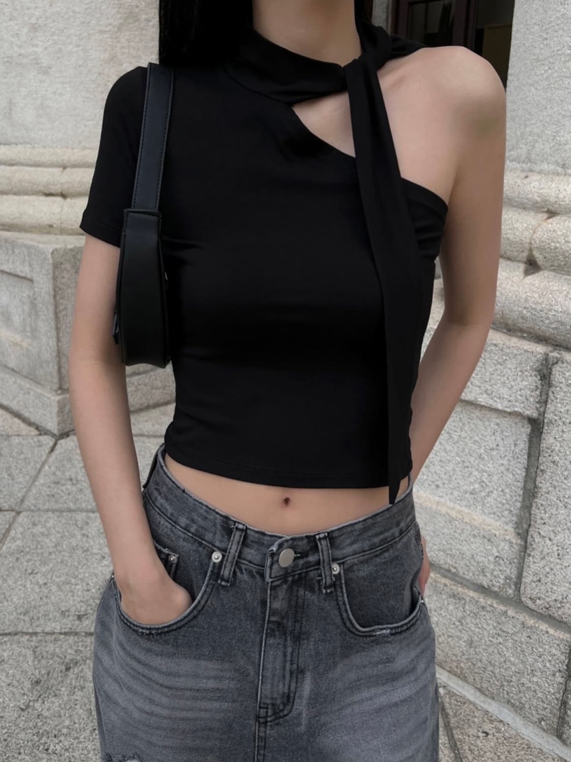 이네기 스카프 언발란스 원숄더 반팔티셔츠🤍 타이 슬릿 오프숄더 상품이미지2