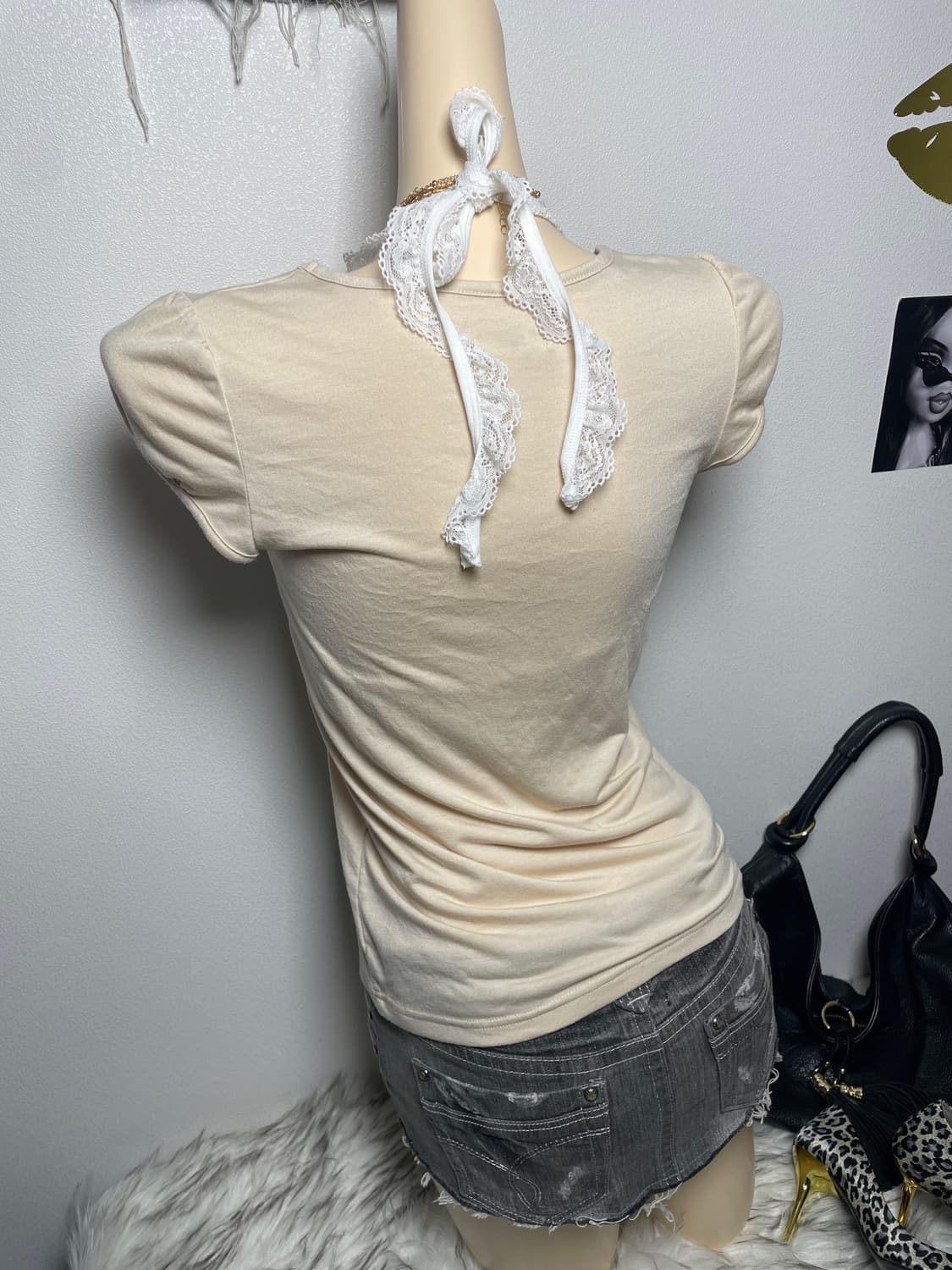 라떼 갸루 브라운 리본 반팔티 탑 상품이미지2