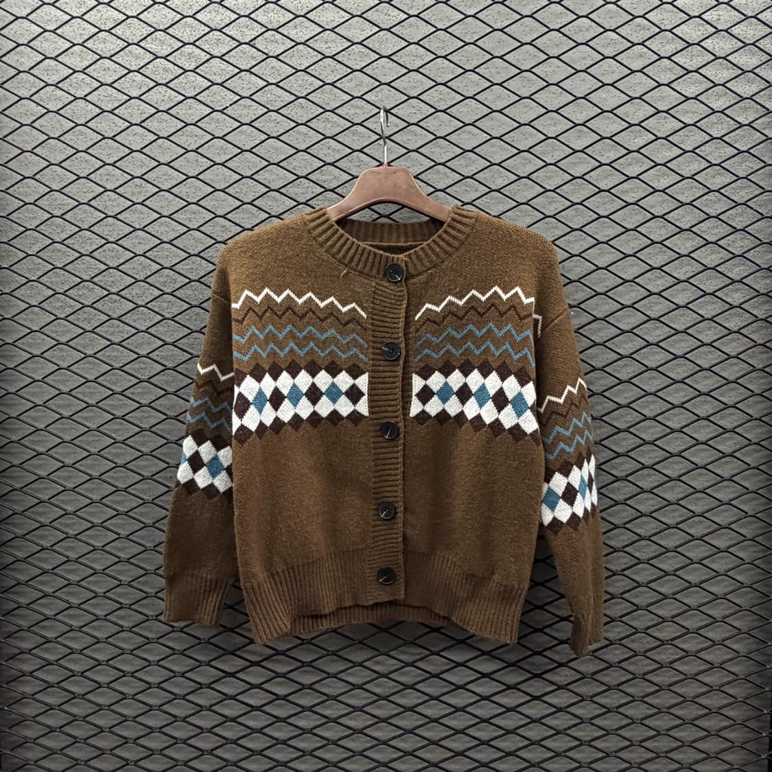 JPN VINTAGE 에스닉 니트 가디건 아가일 패턴 빅버튼 디테일 상품이미지2