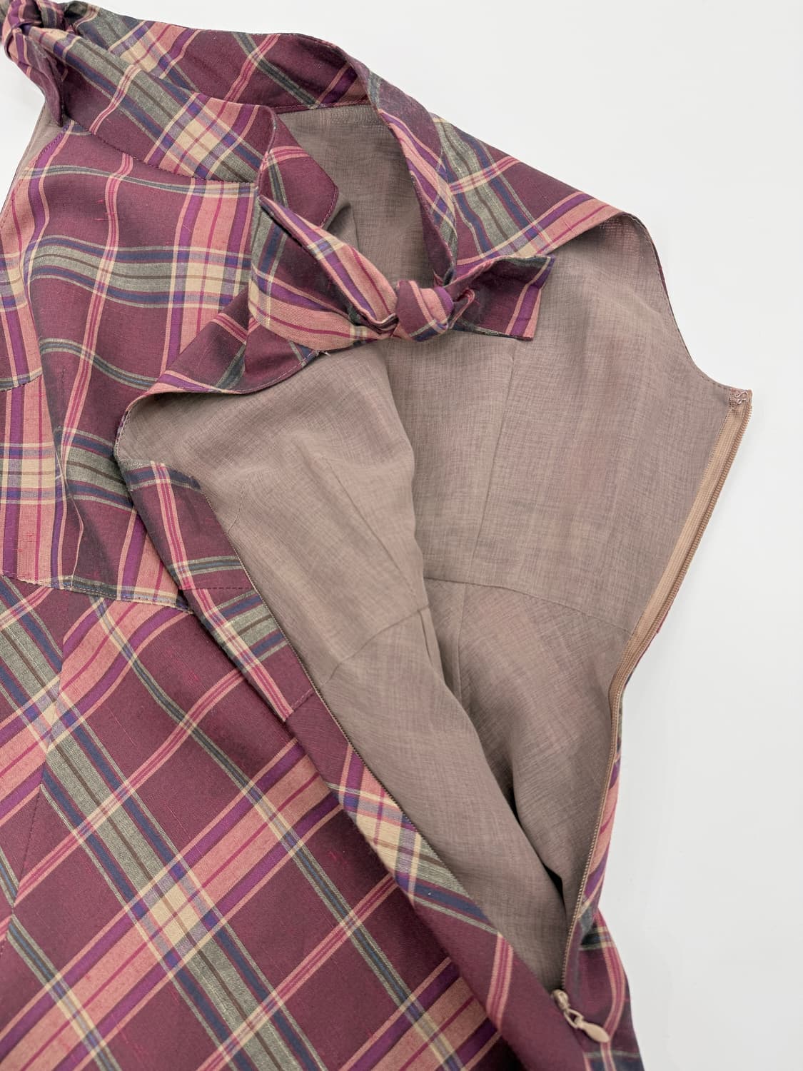 빈티지 핑크 체크 리본 미디 원피스 상품이미지6