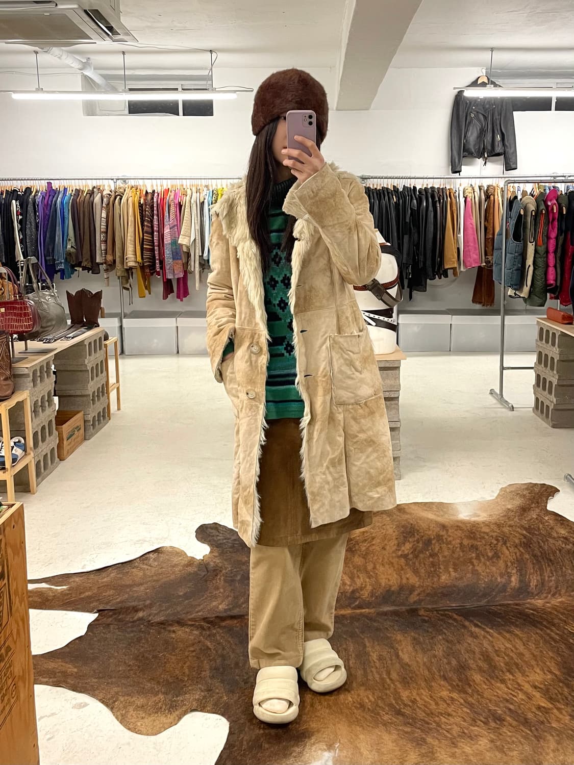 BENETTON suede fur coat 인조 스웨이드 퍼 코트 무스탕 상품이미지1
