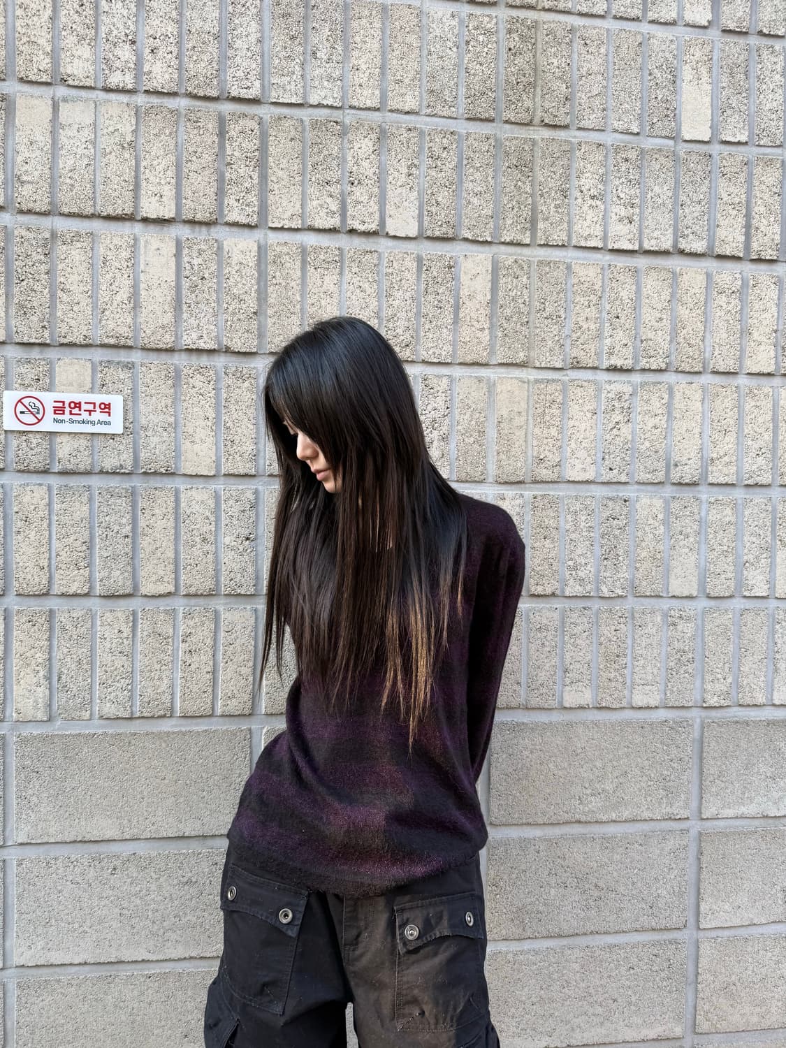 블랙&퍼플 스트라이프 슬림 니트 상품이미지3